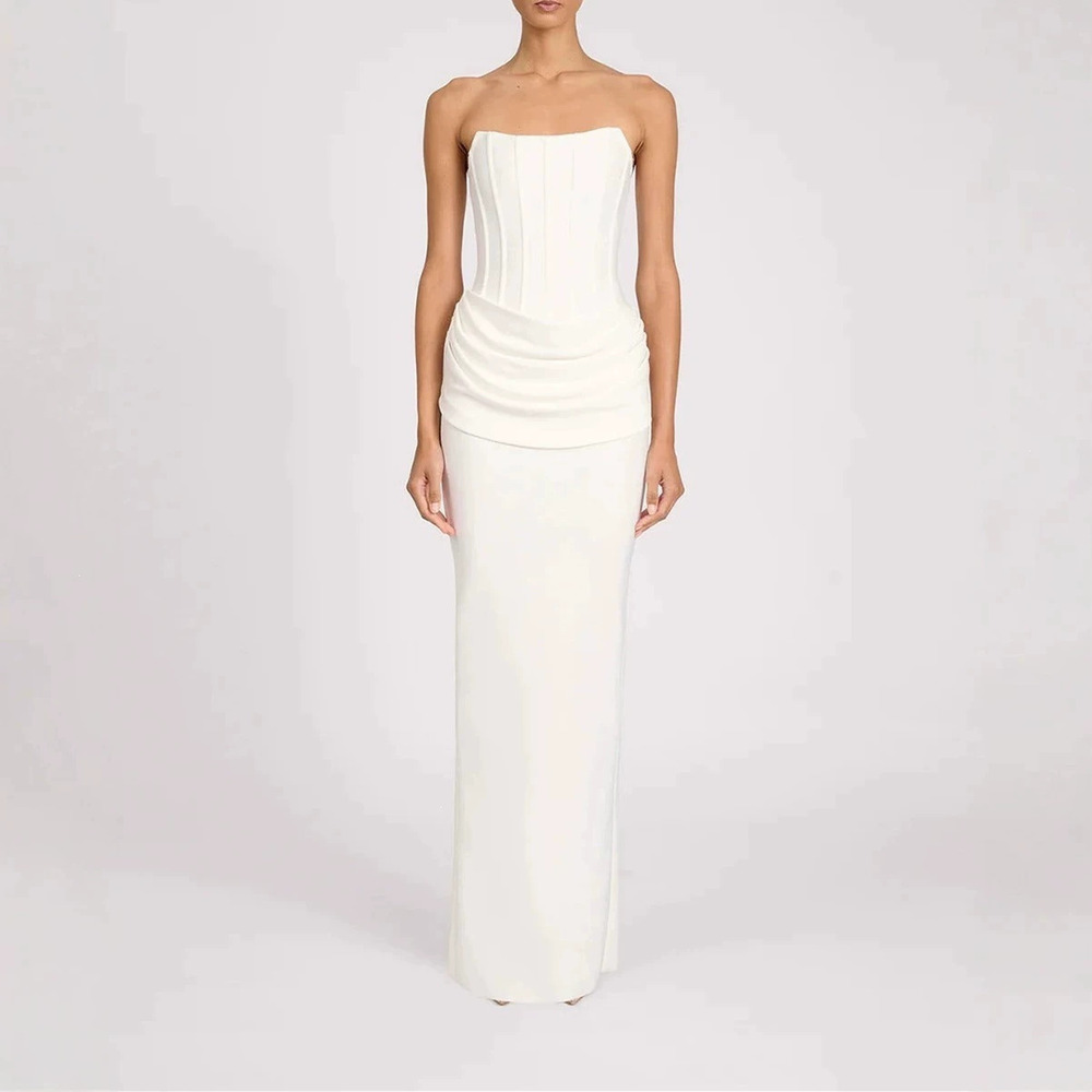 Zara White Strapless Boned Ruffle Waist Back Slit Long Party Gown